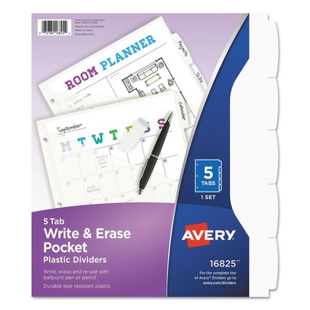 AVERY Write & Erase Plastic Dividers w/Pocket, 5-Tab, 9.25" x 11 1/8", White 16825